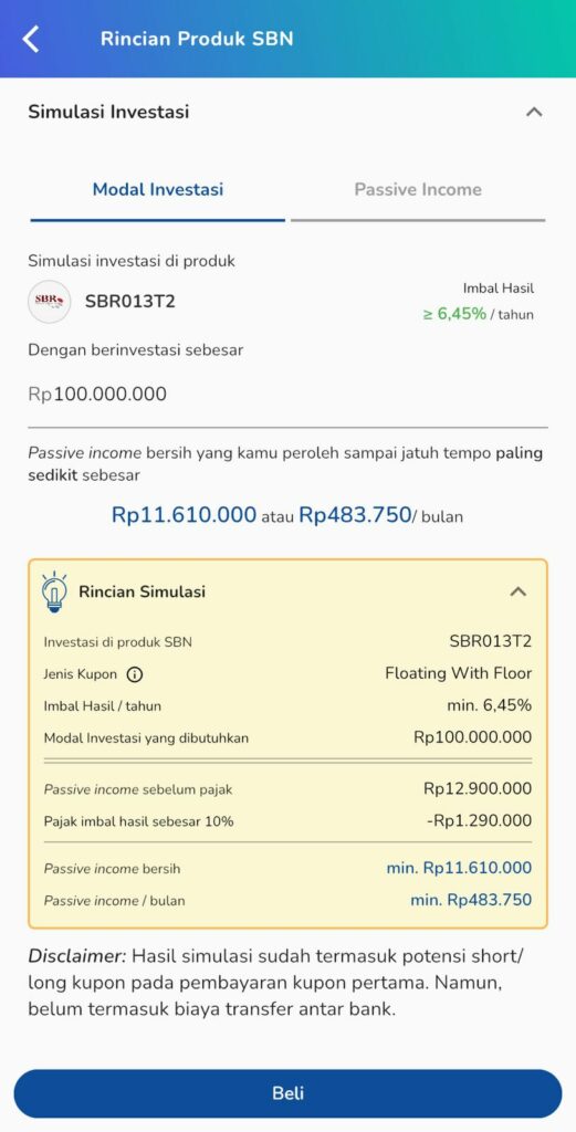 simulasi imbal hasil investasi SBR di aplikasi tanamduit
